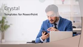  Presentation with hearing aid - PPT theme consisting of deaf-male-employee-using-hearing background and a sky blue colored foreground