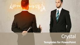  Presentation with weapon - PPT theme enhanced with deal devil - angry businessman hiding a weapon background and a  colored foreground