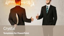  Presentation with weapon - Presentation theme consisting of deal devil - angry businessman hiding a weapon background and a coral colored foreground