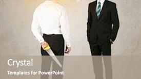  Presentation with weapon - Audience pleasing PPT theme consisting of deal devil - angry businessman hiding a weapon backdrop and a gray colored foreground