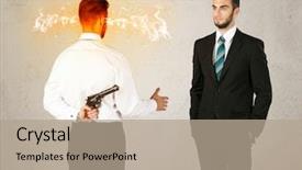  Presentation with weapon - Colorful slides enhanced with deal devil - angry businessman hiding a weapon backdrop and a coral colored foreground