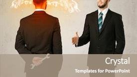  Presentation with weapon - PPT theme with deal devil - angry businessman hiding a weapon background and a coral colored foreground