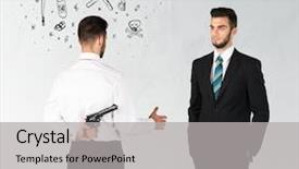  Presentation with weapon - Presentation design with deal devil - ruthless businessman handshake with hiding background and a light gray colored foreground