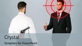  Presentation with weapon - Audience pleasing theme consisting of deal devil - ruthless businessman handshake backdrop and a light blue colored foreground