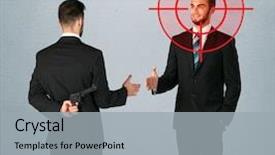  Presentation with weapon - Slide set featuring deal devil - ruthless businessman handshake background and a light gray colored foreground