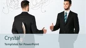  Presentation with weaving - Beautiful slides featuring deal devil - ruthless businessman hiding a weapon backdrop and a  colored foreground