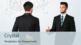  Presentation with weaving - Presentation design with deal devil - ruthless businessman hiding a weapon background and a  colored foreground