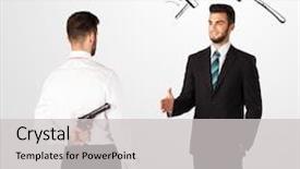  Presentation with weapon - Presentation design consisting of deal devil - ruthless businessman hiding a weapon background and a light gray colored foreground