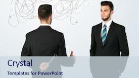  Presentation with weaving - Presentation theme featuring deal devil - ruthless businessman hiding a weapon background and a  colored foreground