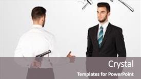  Presentation with weapon - Amazing PPT layouts having deal devil - ruthless businessman hiding a weapon backdrop and a gray colored foreground