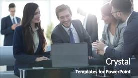  Presentation with people talking - Cool new PPT theme with joint venture companies - beautiful business people are using backdrop and a ocean colored foreground