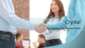  Presentation with handshake between healthcare and it - Beautiful PPT theme featuring first impression - handshake between businesspeople backdrop and a light blue colored foreground