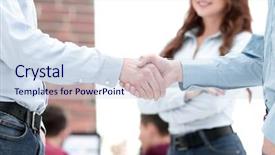  Presentation with handshake - Audience pleasing presentation theme consisting of first impression - handshake between businesspeople backdrop and a sky blue colored foreground