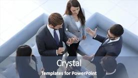  Presentation with five business people standing together and smiling - Slide set having joint venture companies - happy smiling business team standing background and a ocean colored foreground