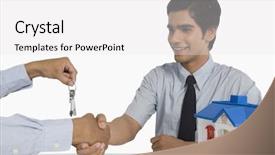  Presentation with for real estate - Audience pleasing PPT theme consisting of india finance - real estate agent offering keys backdrop and a white colored foreground
