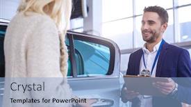  Presentation with car dealer - Slide set enhanced with dealer with woman stands near a new car in the showroom background and a light blue colored foreground