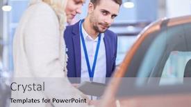  Presentation with car dealer - Colorful presentation design enhanced with dealer with woman stands near a new car in the showroom backdrop and a light gray colored foreground