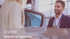  Presentation with car dealer - Cool new PPT layouts with dealer with woman stands near a new car in the showroom backdrop and a gray colored foreground