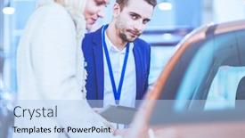  Presentation with car dealer - Slide set consisting of dealer with woman stands near a new car in the showroom background and a light blue colored foreground