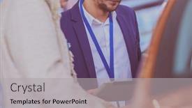  Presentation with car dealer - Presentation theme consisting of dealer with woman stands near a new car in the showroom background and a light gray colored foreground