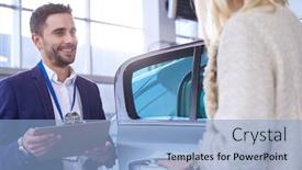  Presentation with car dealer - Presentation theme consisting of dealer with woman stands near a new car in the showroom background and a light blue colored foreground