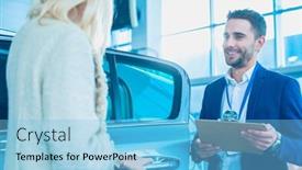  Presentation with car dealer - Slide set with dealer with woman stands near a new car in the showroom background and a light blue colored foreground