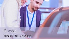  Presentation with car dealer - PPT layouts featuring dealer-with-woman-stands-near background and a light blue colored foreground