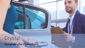  Presentation with car dealer - Audience pleasing slide set consisting of dealer-with-woman-stands-near backdrop and a light blue colored foreground