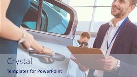  Presentation with car dealer - Presentation design featuring dealer-with-woman-stands-near background and a sky blue colored foreground