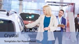  Presentation with car dealer - Theme enhanced with dealers - dealer with woman stands near background and a light blue colored foreground