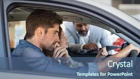  Presentation with auto dealership - Slide set with dealers - serious dealer looking at pensive background and a ocean colored foreground
