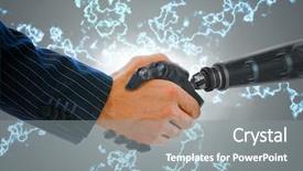  Presentation with medical robot hand and person - Slide deck having dealing against blue vignette background background and a gray colored foreground