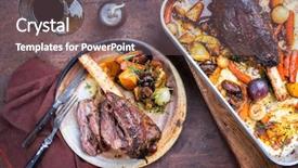  Presentation with preservation of fruit and vegetable - Beautiful presentation design featuring dearness - venison knuckle with fried potatoes backdrop and a gray colored foreground