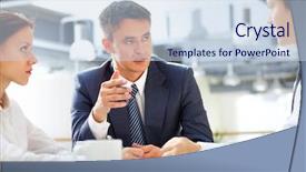  Presentation with leader - Slide deck enhanced with debate team - business leader asking his employee background and a sky blue colored foreground