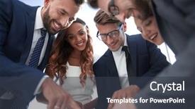  Presentation with improving business - Colorful slide deck enhanced with debate team - close up business group discussing backdrop and a dark gray colored foreground