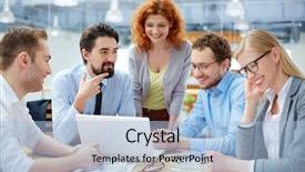  Presentation with business group meeting - Slide set with debate team - group of business partners discussing background and a light blue colored foreground