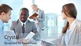  Presentation with debate - Slide deck featuring debate team - portrait of confident boss looking background and a light blue colored foreground