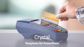  Presentation with credit card - Theme having debit - woman using bank terminal background and a gray colored foreground