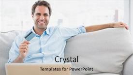  Presentation with living room - Amazing presentation theme having debit card - happy man using laptop sitting backdrop and a light gray colored foreground