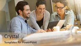  Presentation with ideas - Slide deck with debriefing - colleagues workshopping business ideas background and a coral colored foreground