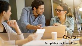  Presentation with ideas - PPT theme featuring debriefing - colleagues workshopping business ideas background and a coral colored foreground