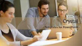  Presentation with ideas - Cool new theme with debriefing - colleagues workshopping business ideas backdrop and a coral colored foreground