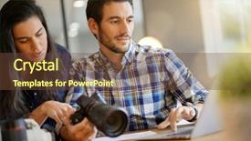  Presentation with journalism - Slide set featuring photographer colleagues going through photos background and a tawny brown colored foreground