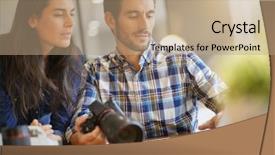  Presentation with camera - Slides with photographer colleagues going through photos background and a tawny brown colored foreground