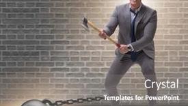  Presentation with loan - Presentation design featuring debt concept with businessman escaping loan burden with axe background and a gray colored foreground
