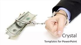  Presentation with hand handcuffs - Audience pleasing PPT theme consisting of debt lock - hand with handcuffs and us backdrop and a sky blue colored foreground