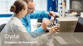  Presentation with testing - Slide set featuring debug - team of electronic engineers testing background and a coral colored foreground