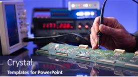  Presentation with electronics laboratory - Beautiful PPT theme featuring debugging-electronics-device-pcb-witch backdrop and a navy blue colored foreground