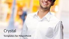  Presentation with elegant man in glasses optics - Colorful PPT layouts enhanced with decent cool - happy young man wearing glasses backdrop and a sky blue colored foreground