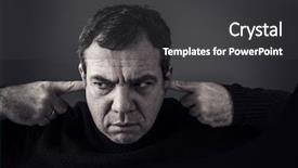  Presentation with piano black white - Amazing slide deck having decibels - headshot displeased man plugging ears backdrop and a dark gray colored foreground